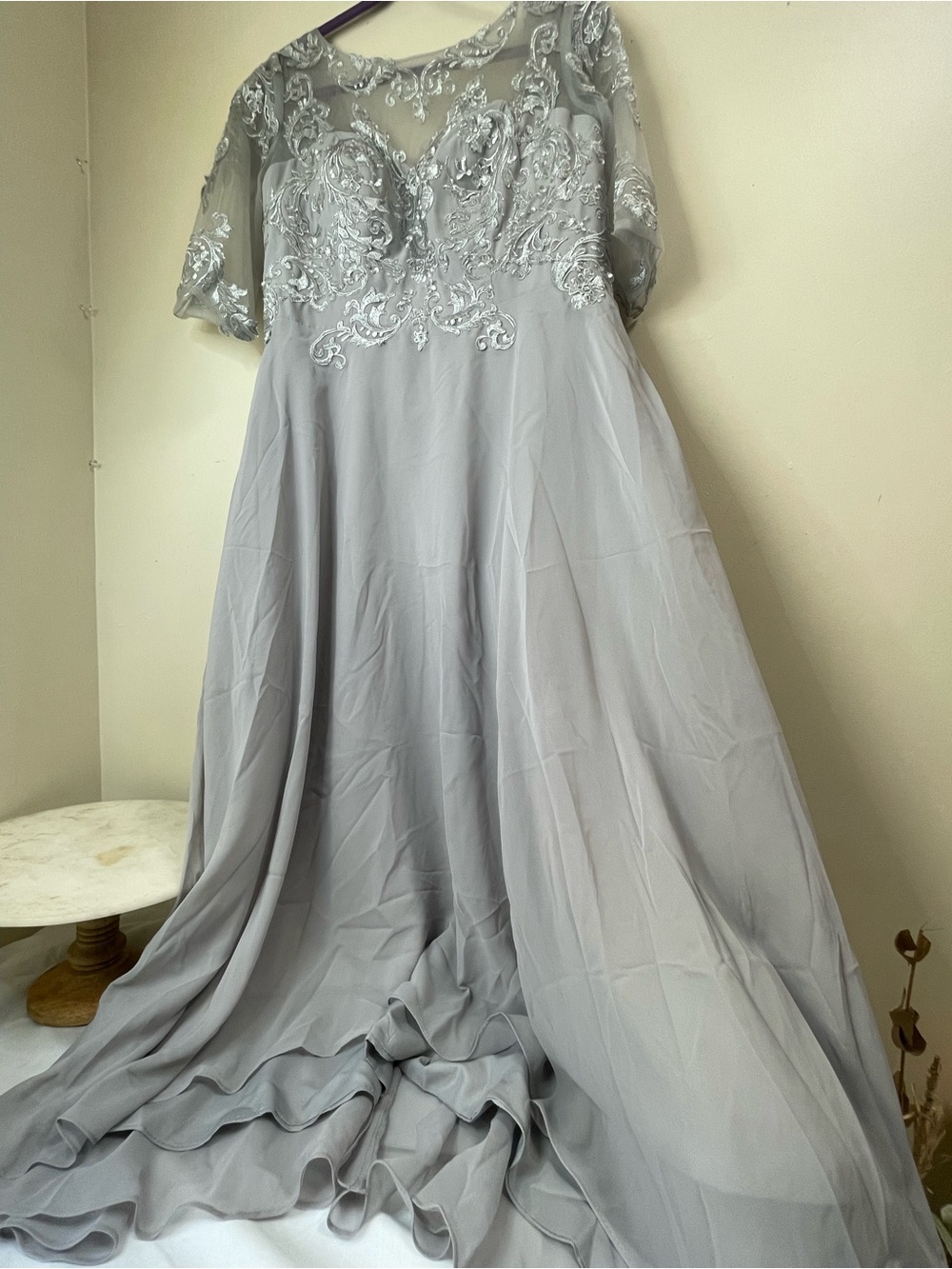 Silver Gray Embroidered Illusion Corset Back Formal Maxi Gown 20 PTP